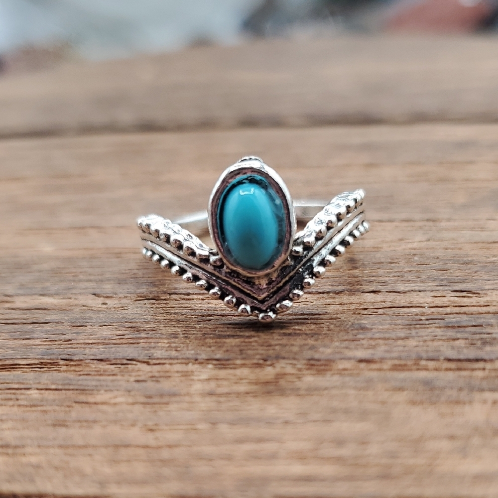 Turquoise Cabochon V-Stack Silver Tone Ring - Women Jewelry Size 5 R823
